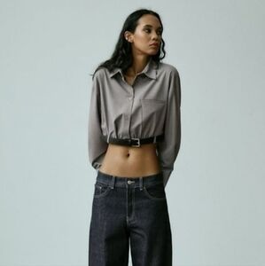 NWT Zara Gray Cropped Button Down Shirt with Black Belt